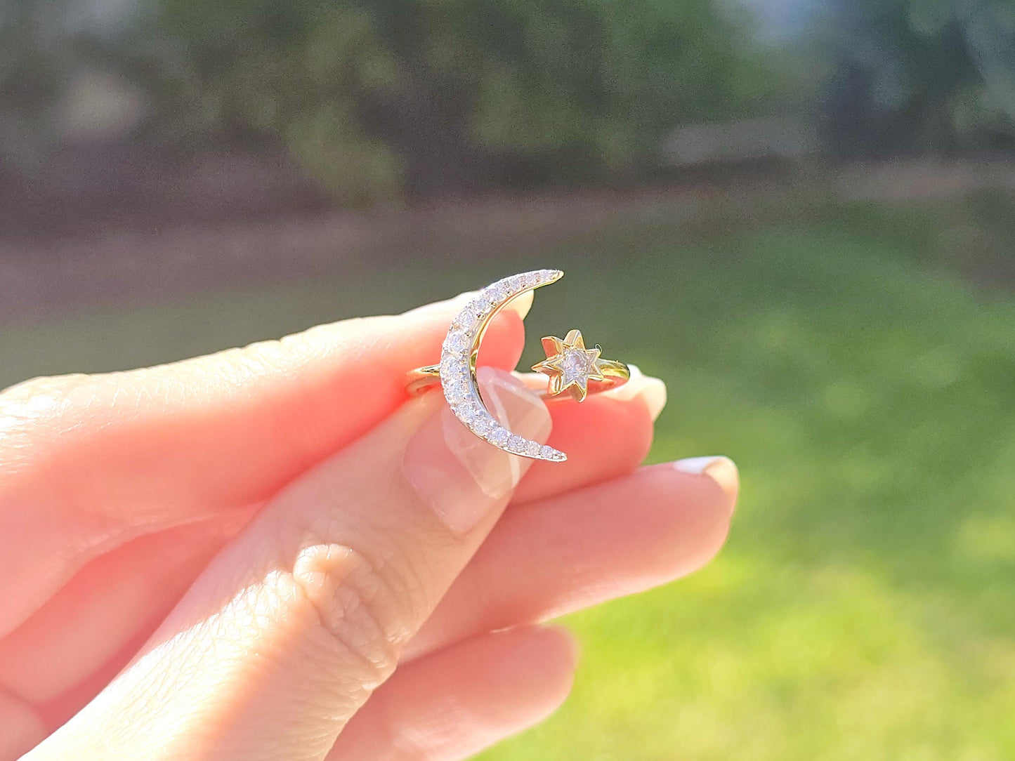 14K Solid Yellow Gold Large Moon and Mini Star Ring Band with CZ Stones