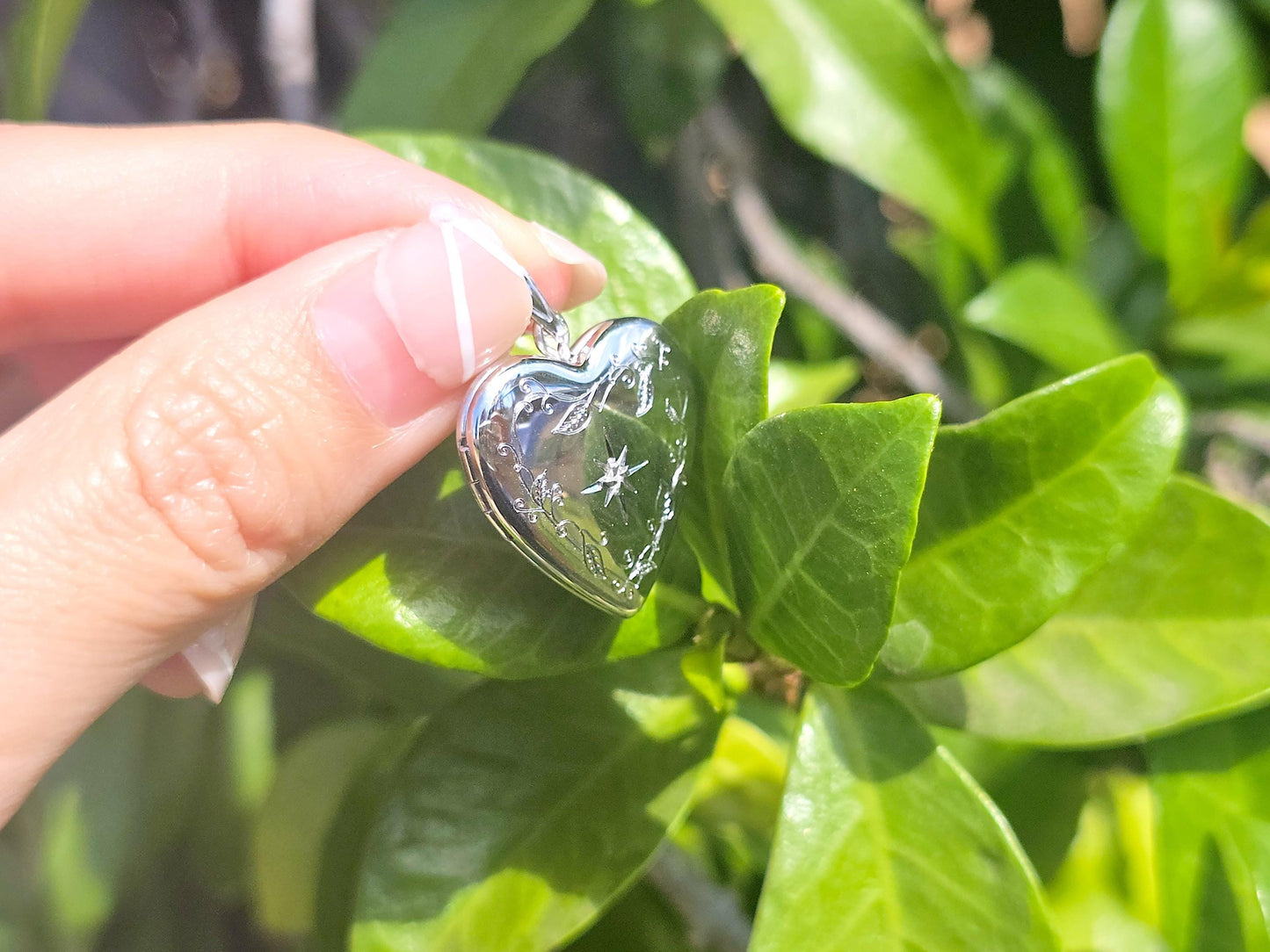 925 Sterling Silver Diamond Heart Locket Pendant with Engraved Star
