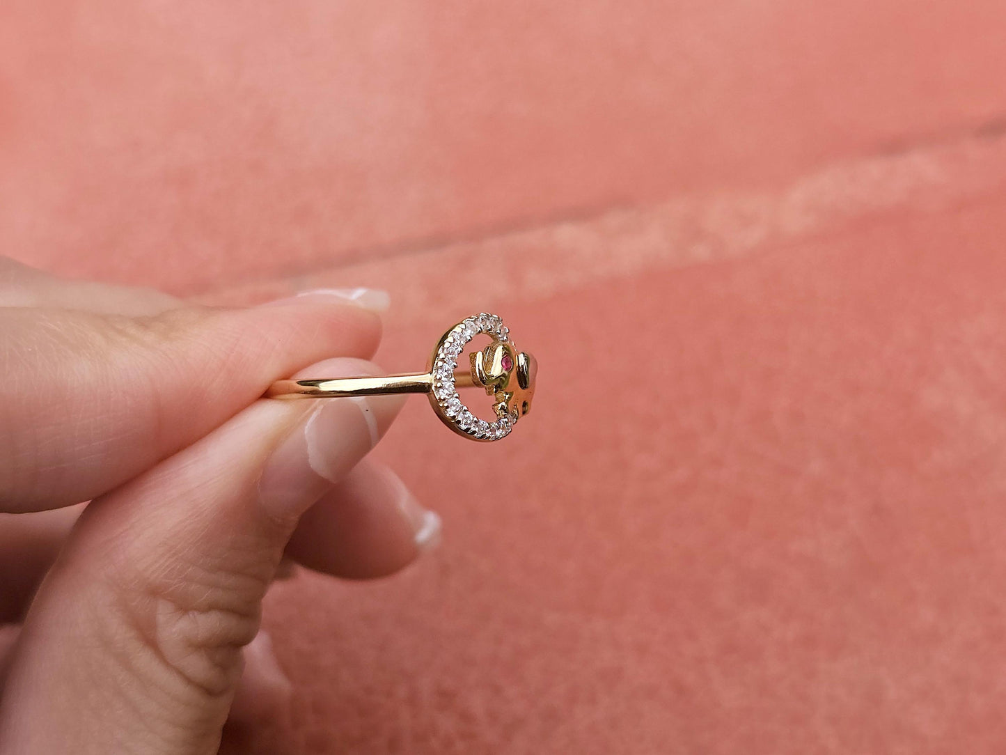 14K Solid Yellow Gold Elephant in a Circle Ring Band with CZ Stone