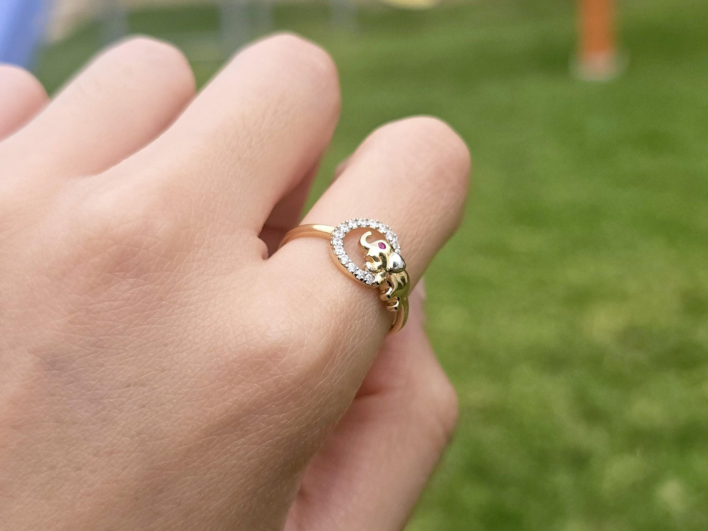 14K Solid Yellow Gold Elephant in a Circle Ring Band with CZ Stone