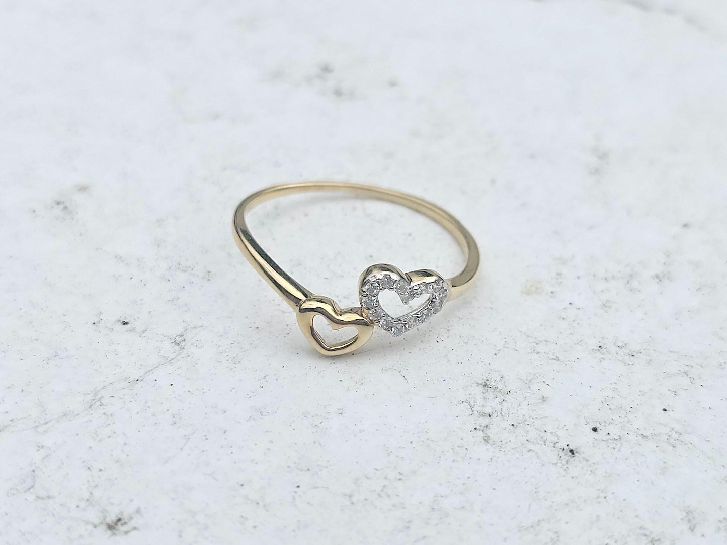 14K Solid Yellow Gold Two Hearts Ring Band with CZ Stones