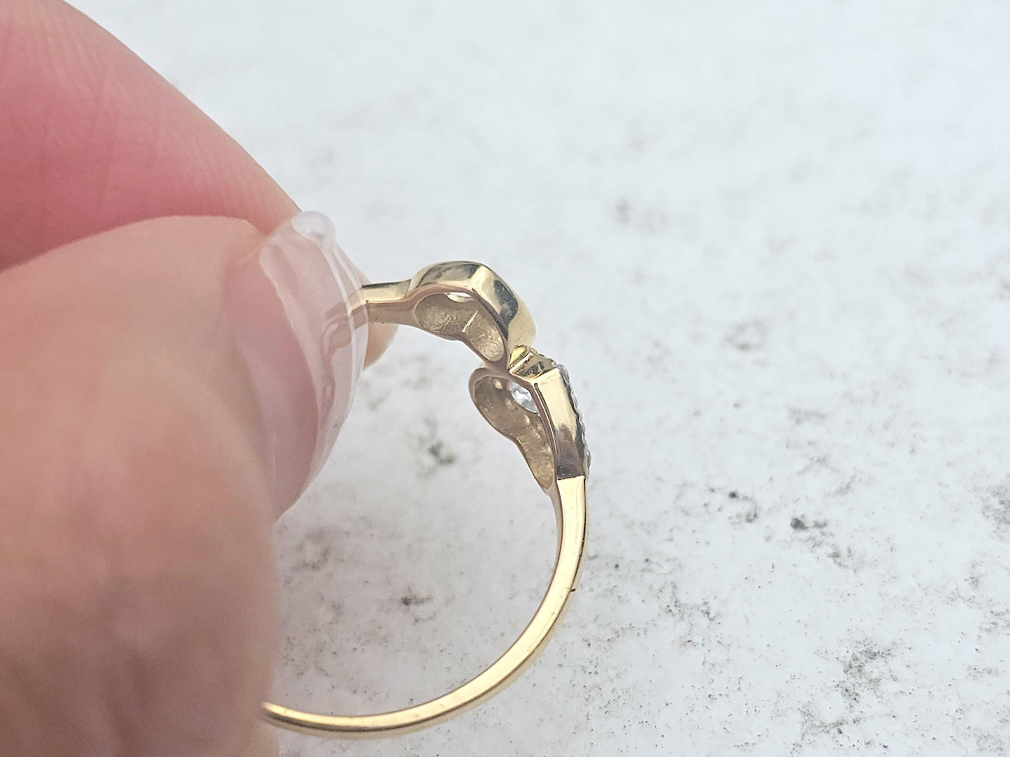 14K Solid Yellow Gold Two Hearts Ring Band with CZ Stones