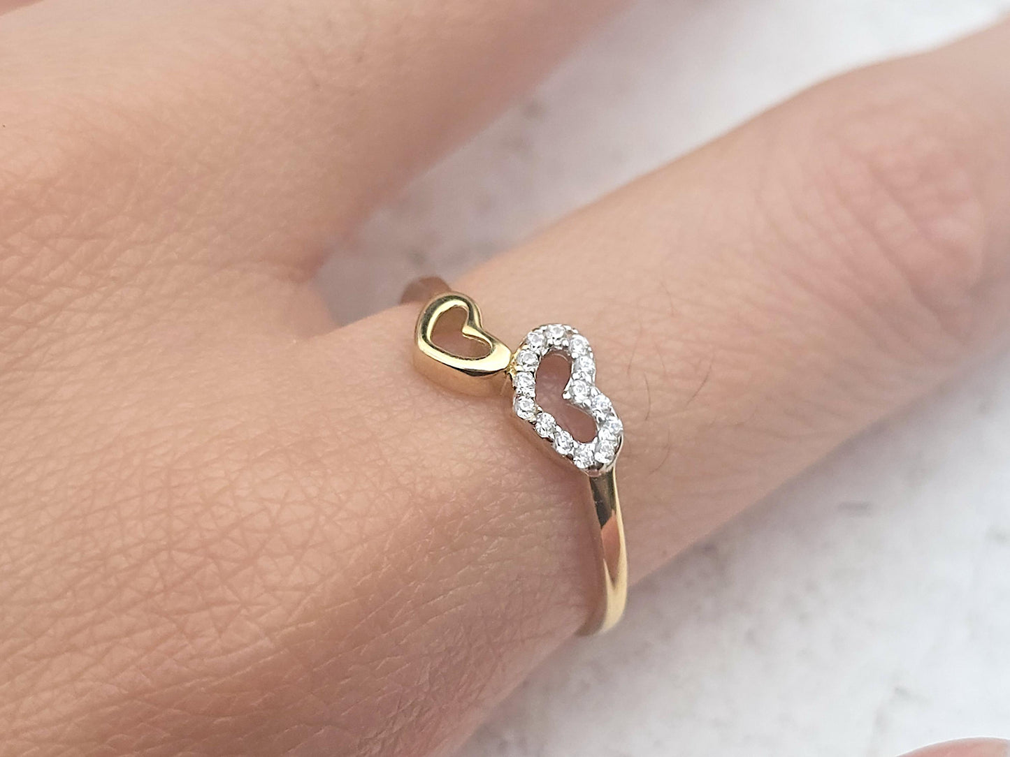 14K Solid Yellow Gold Two Hearts Ring Band with CZ Stones