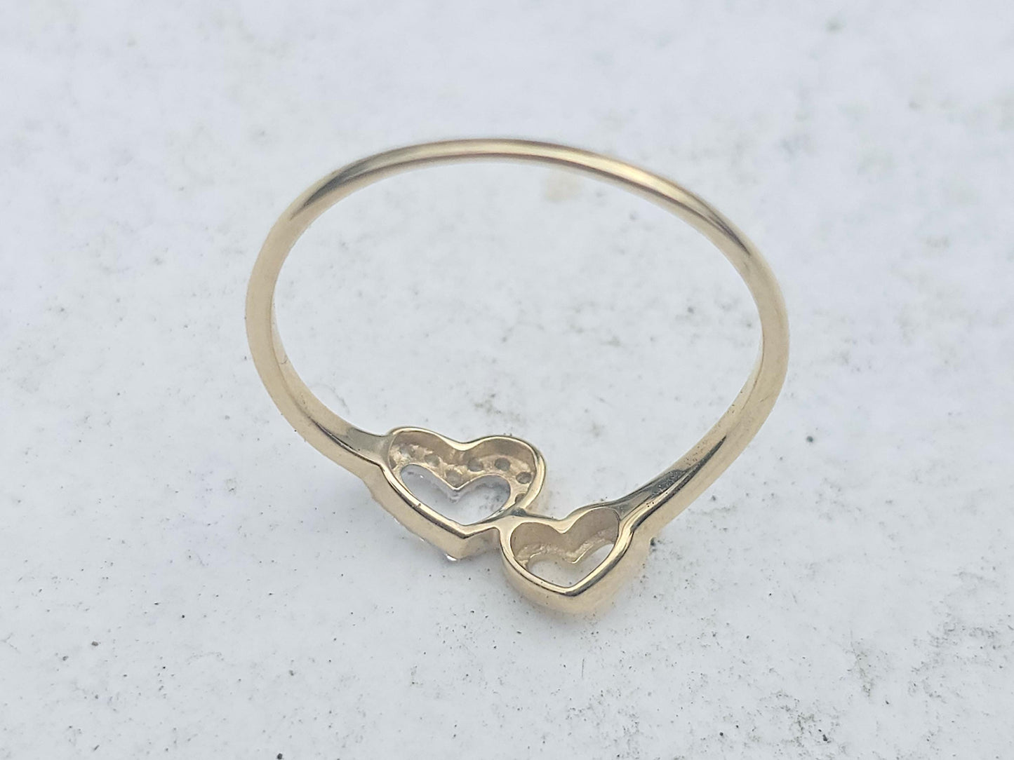 14K Solid Yellow Gold Two Hearts Ring Band with CZ Stones