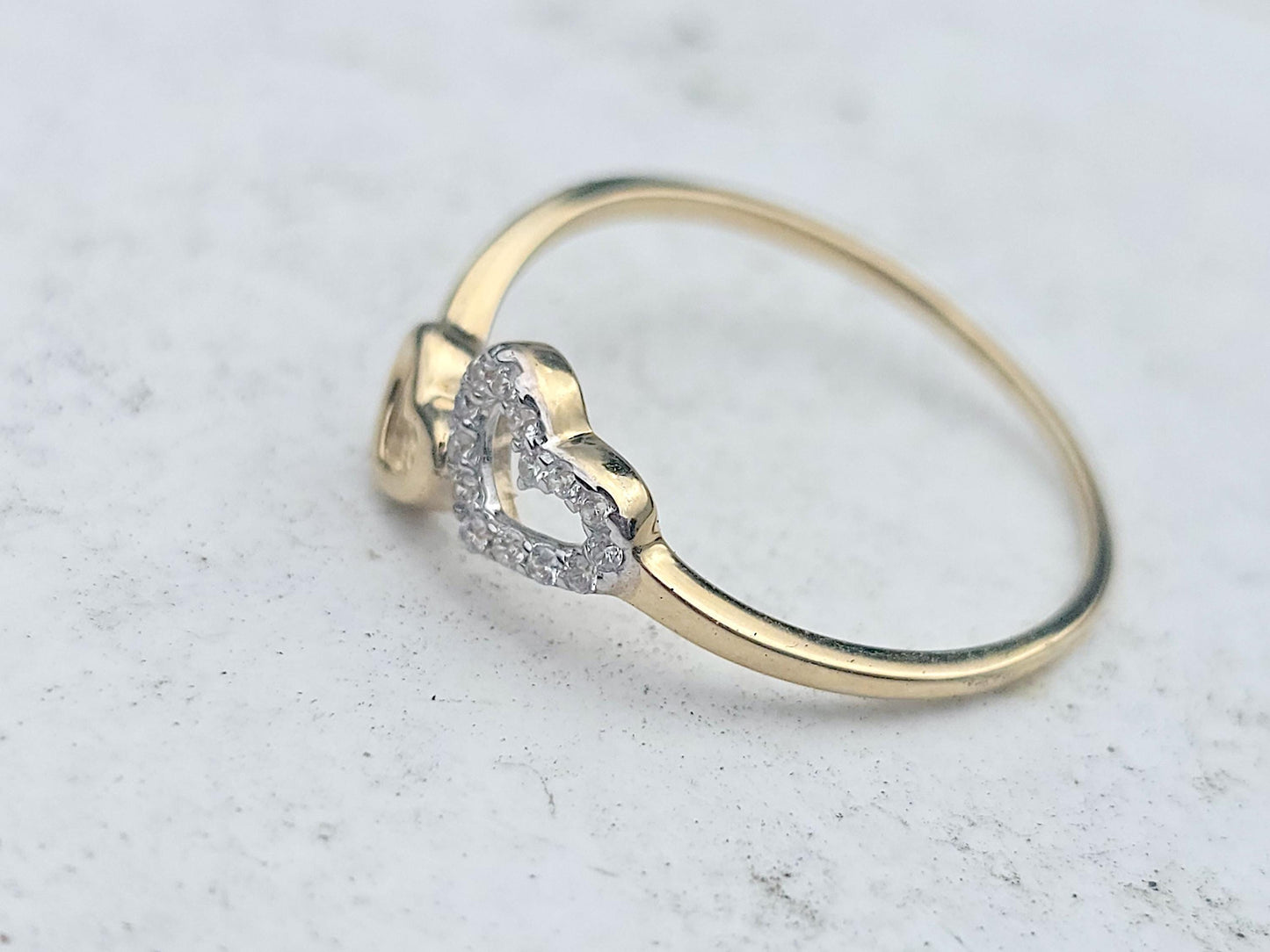 14K Solid Yellow Gold Two Hearts Ring Band with CZ Stones