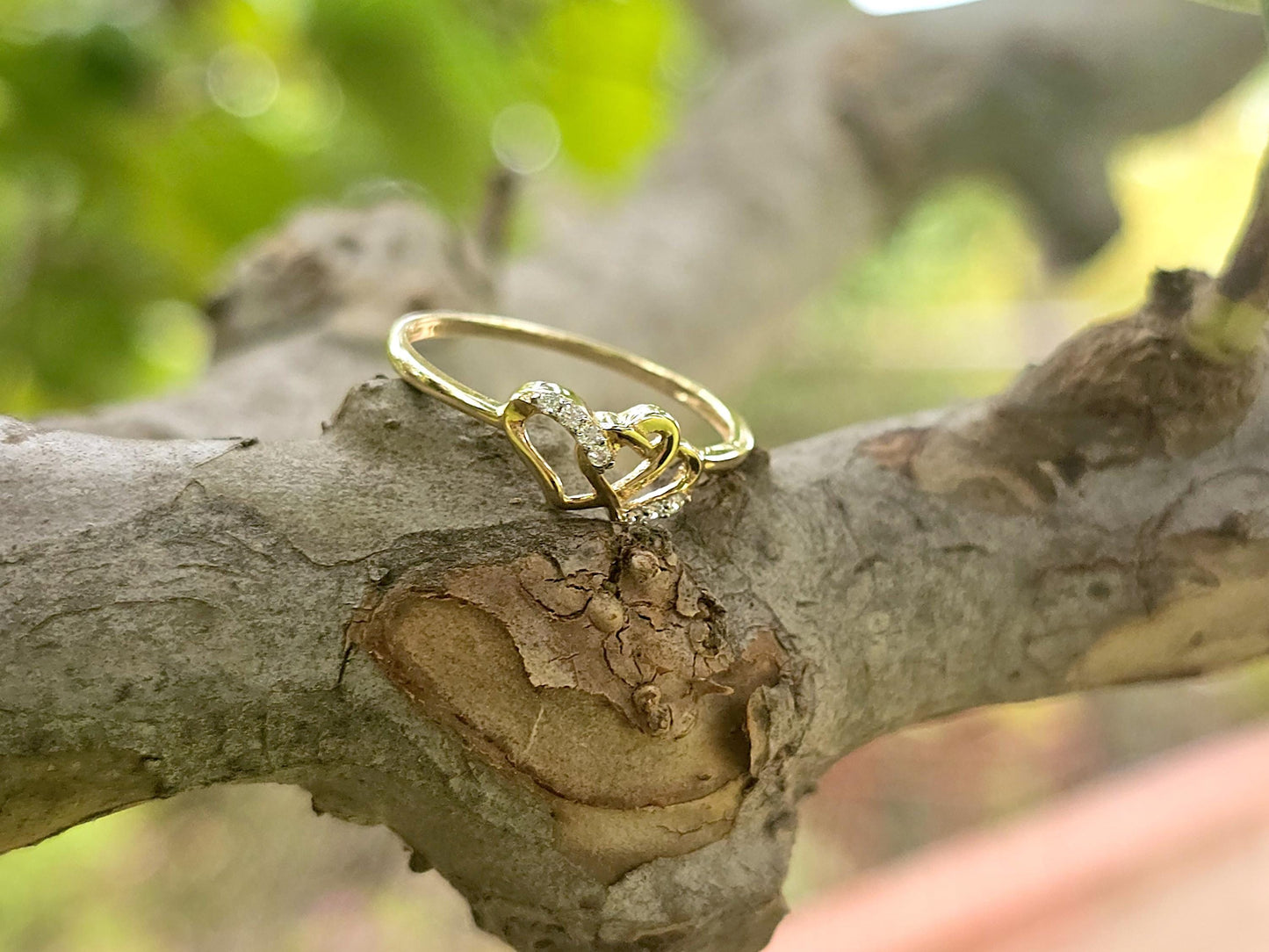 14K Solid Yellow Gold Two Hearts Interlocked Ring Band with CZ Stones