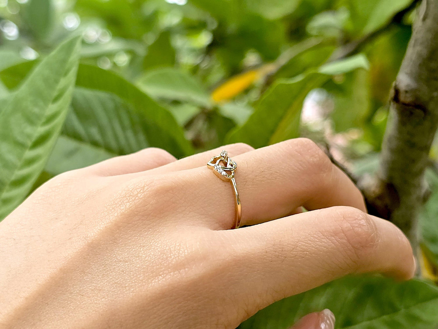 14K Solid Yellow Gold Two Hearts Interlocked Ring Band with CZ Stones