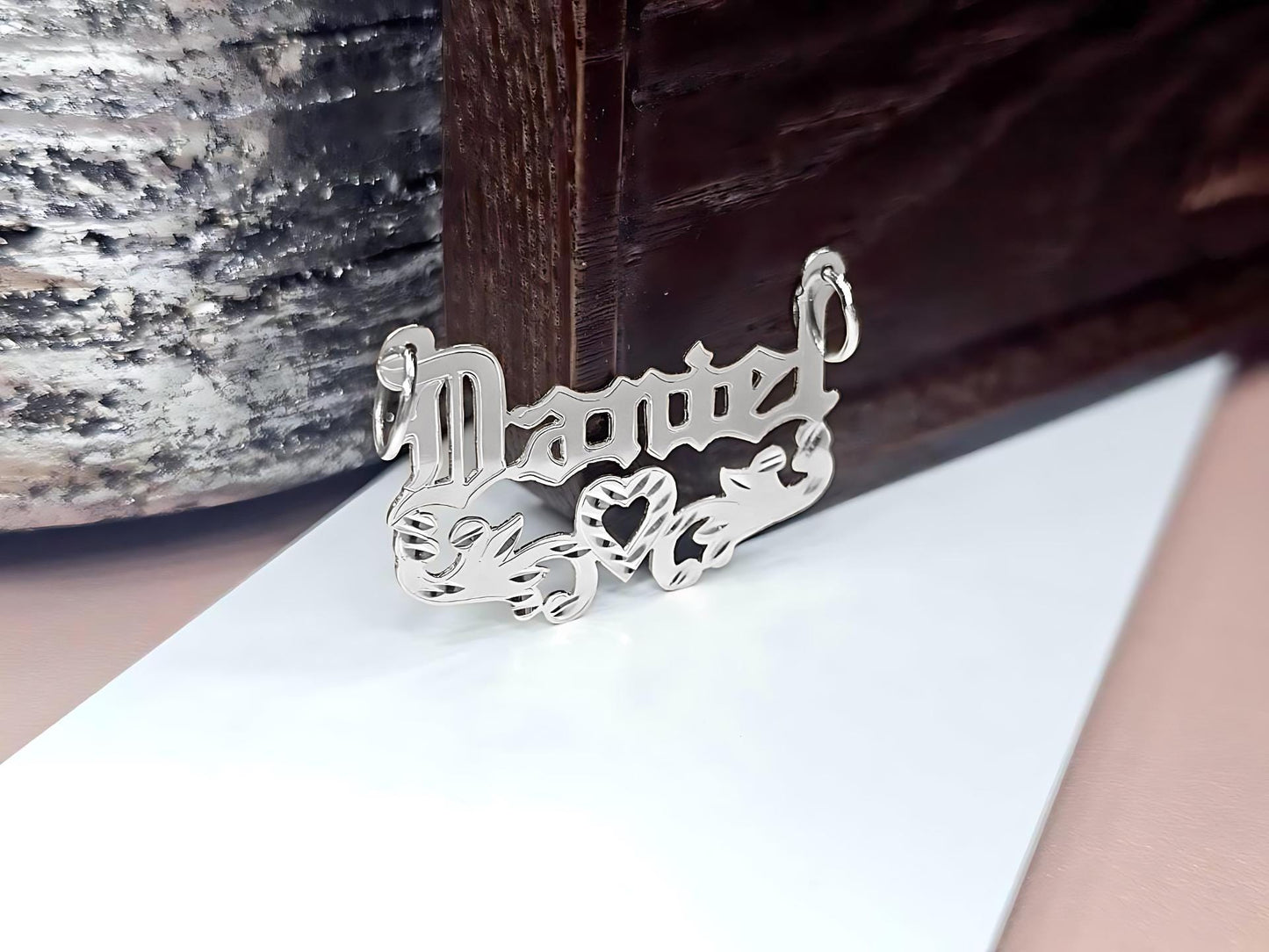 925 Sterling Silver Name Pendant Necklace with Old Text and Heart