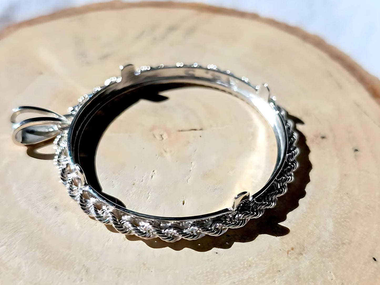925 Sterling Silver Prong Back Illusion Rope Bezel for 34mm Mexican 1 Peso Coins