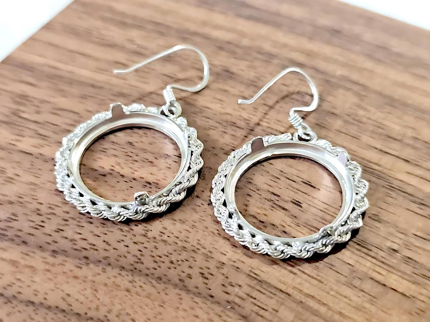 925 Sterling Silver Prong Back Rope Edge Bezel Earring for 18mm Dime 10 Cent Coins