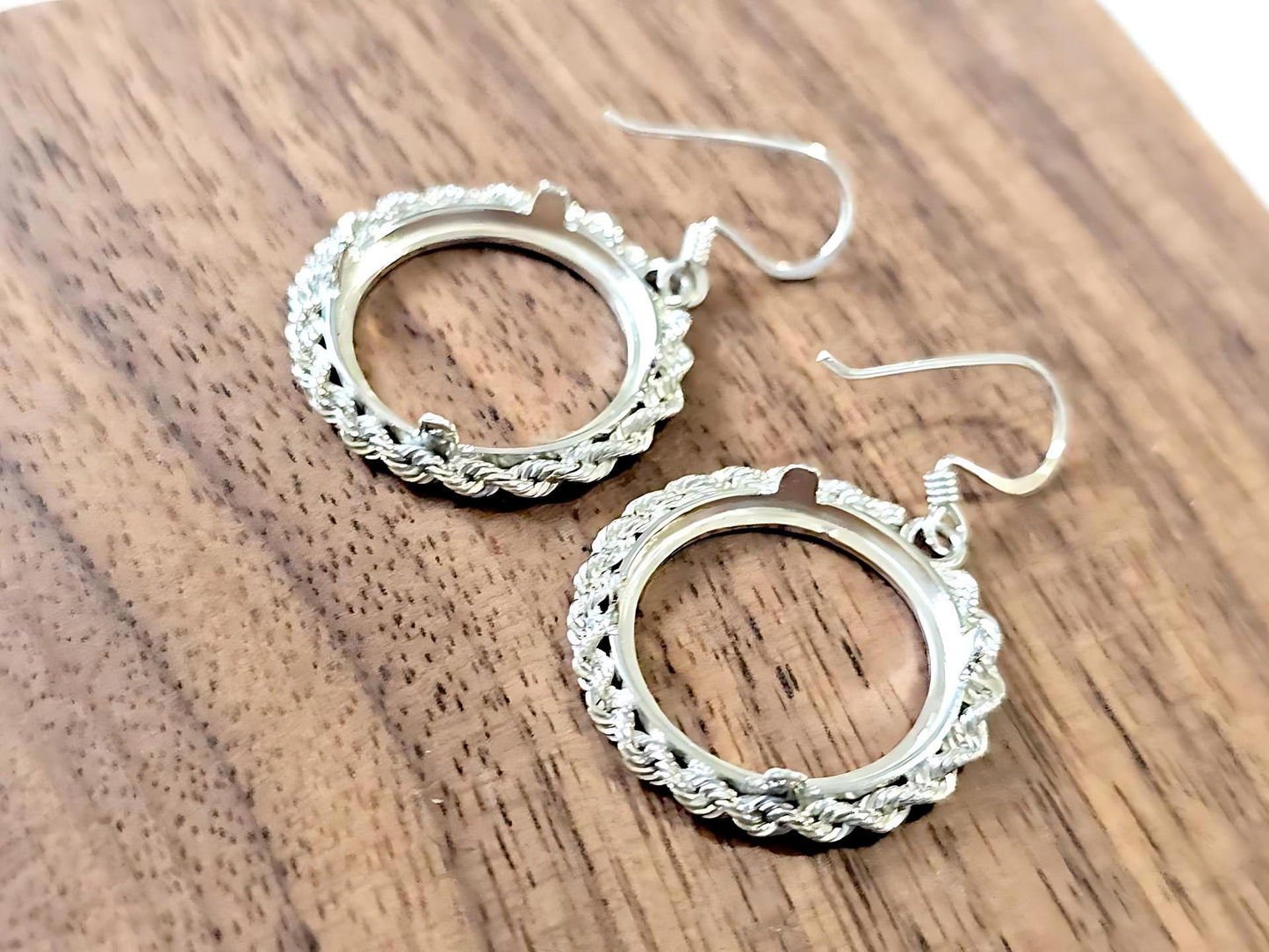 925 Sterling Silver Prong Back Rope Edge Bezel Earring for 18mm Dime 10 Cent Coins