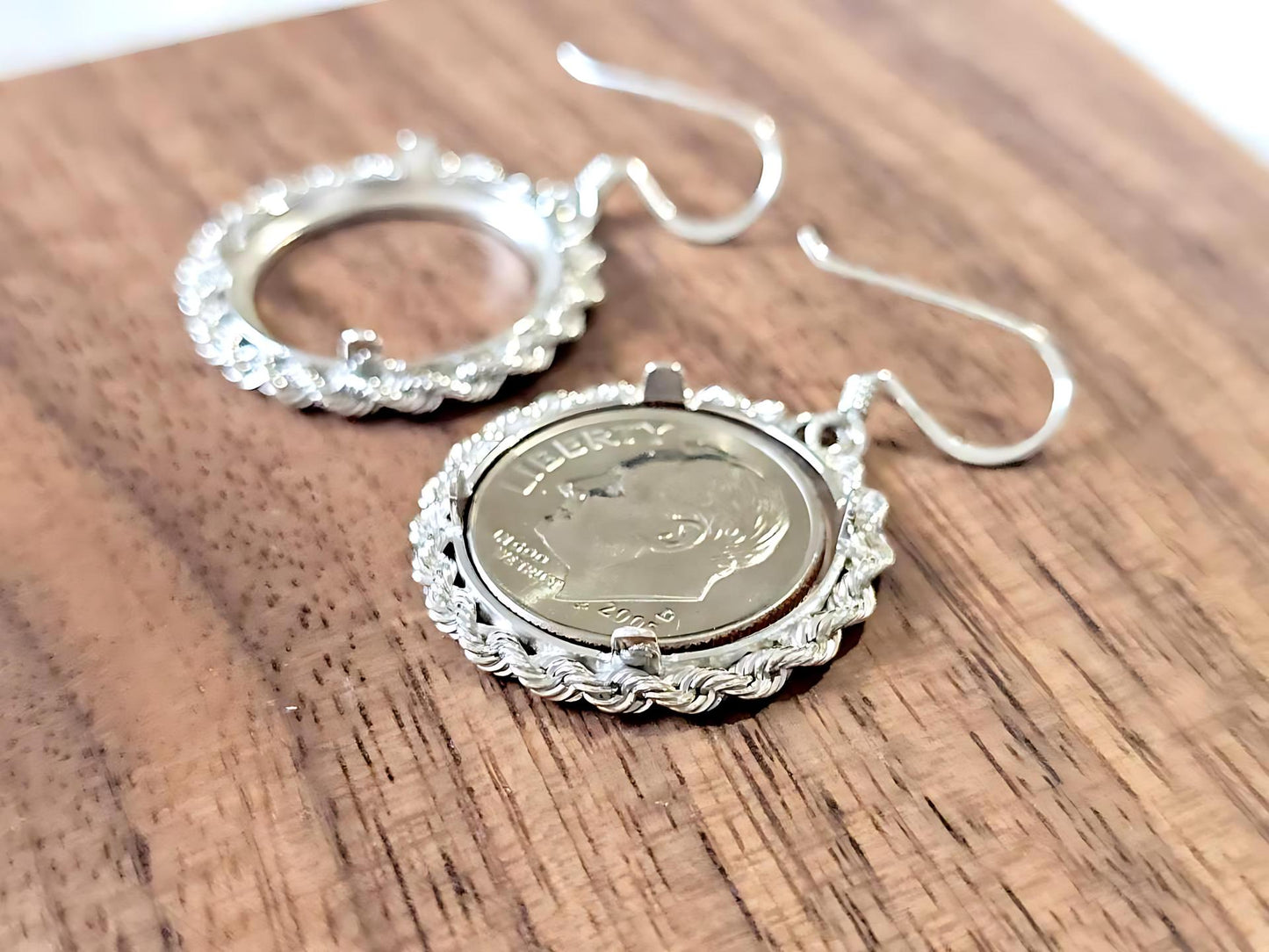 925 Sterling Silver Prong Back Rope Edge Bezel Earring for 18mm Dime 10 Cent Coins