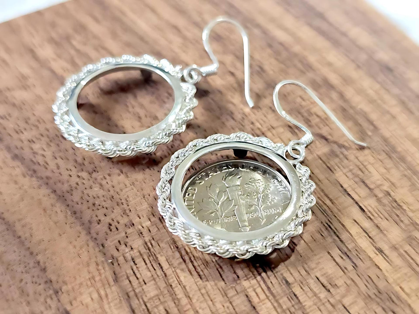925 Sterling Silver Prong Back Rope Edge Bezel Earring for 18mm Dime 10 Cent Coins