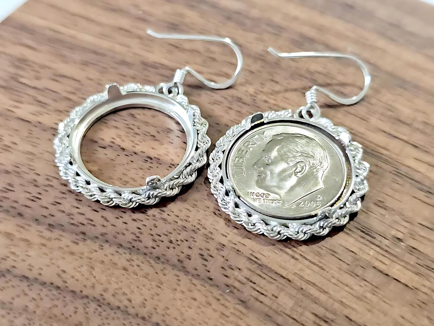 925 Sterling Silver Prong Back Rope Edge Bezel Earring for 18mm Dime 10 Cent Coins
