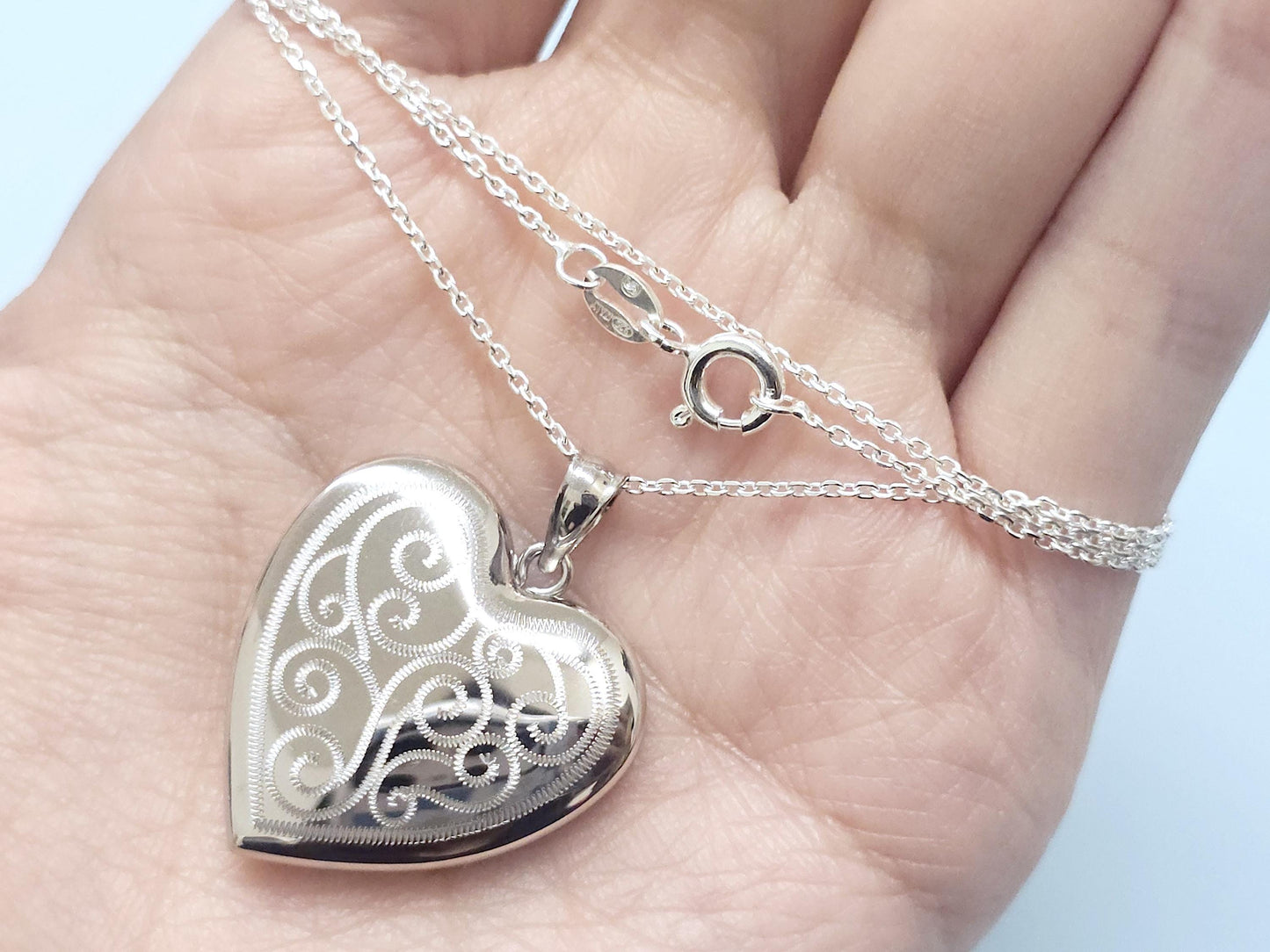 925 Sterling Silver Scroll Engraved Heart 4 Pictures Locket Pendant