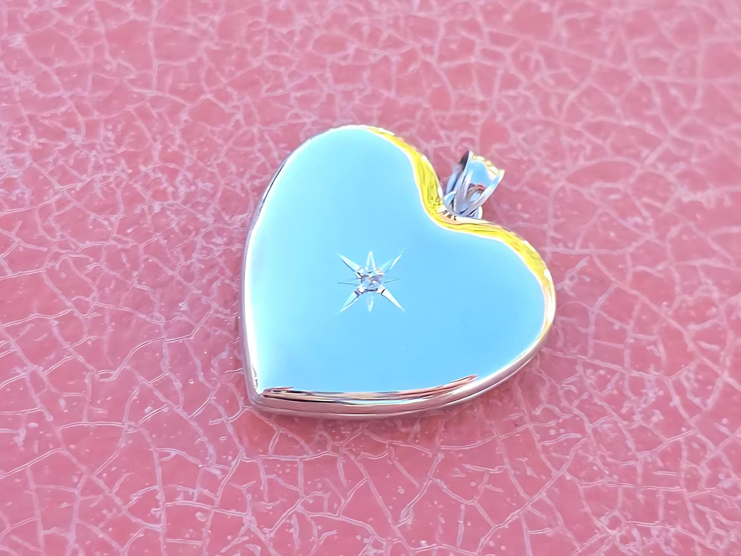 925 Sterling Silver Engraved Star with Diamond 4 Pictures Heart Locket Pendant
