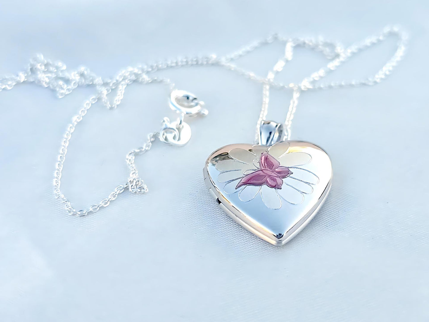 925 Sterling Silver Heart Locket Pendant with Pink Enamel Butterfly on Flower