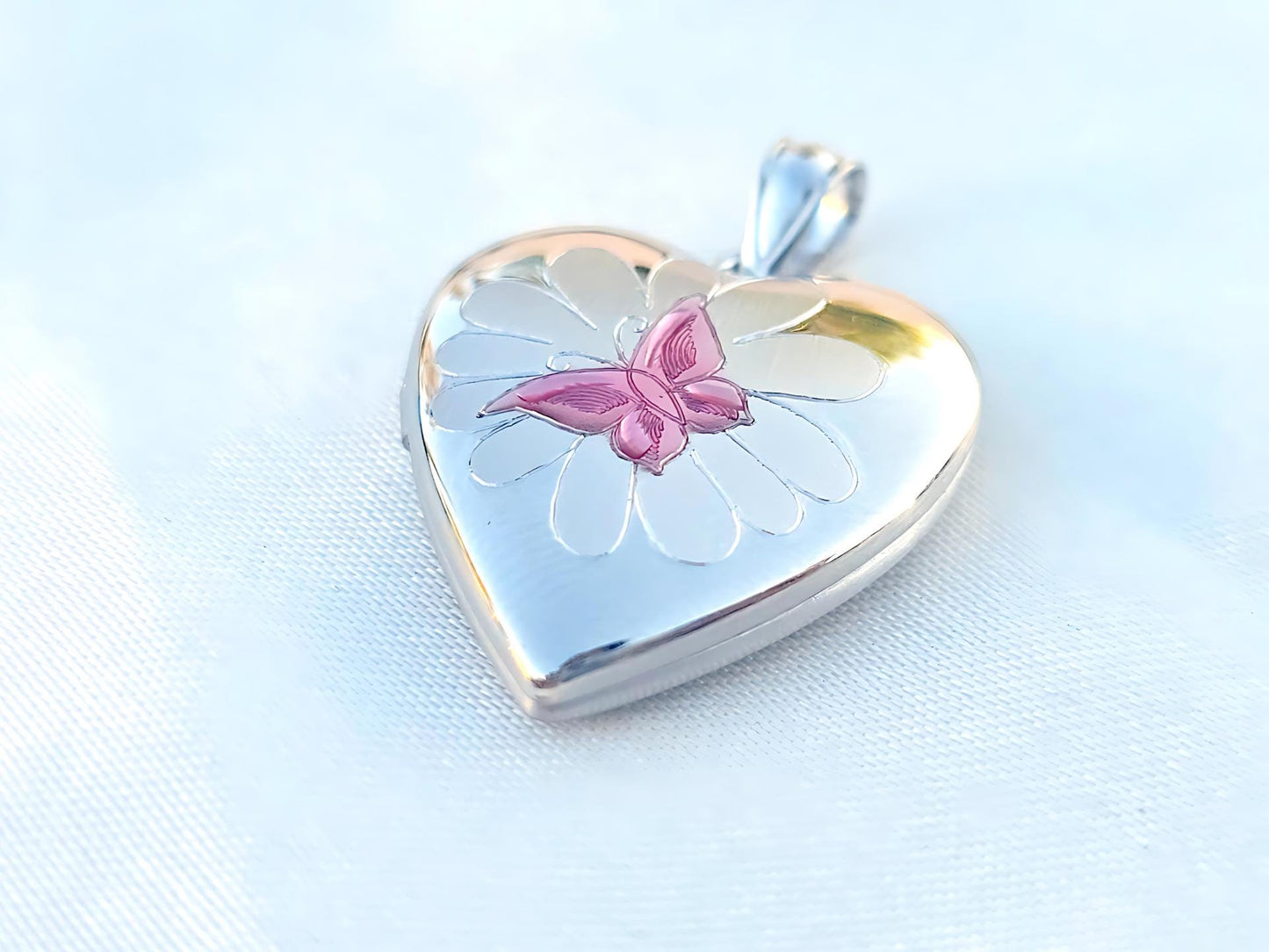925 Sterling Silver Heart Locket Pendant with Pink Enamel Butterfly on Flower