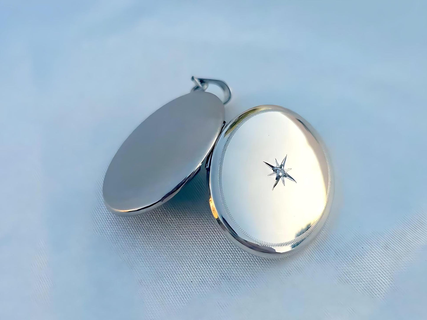 925 Sterling Silver Oval Locket Pendant with Diamond Starburst Set Etched Border