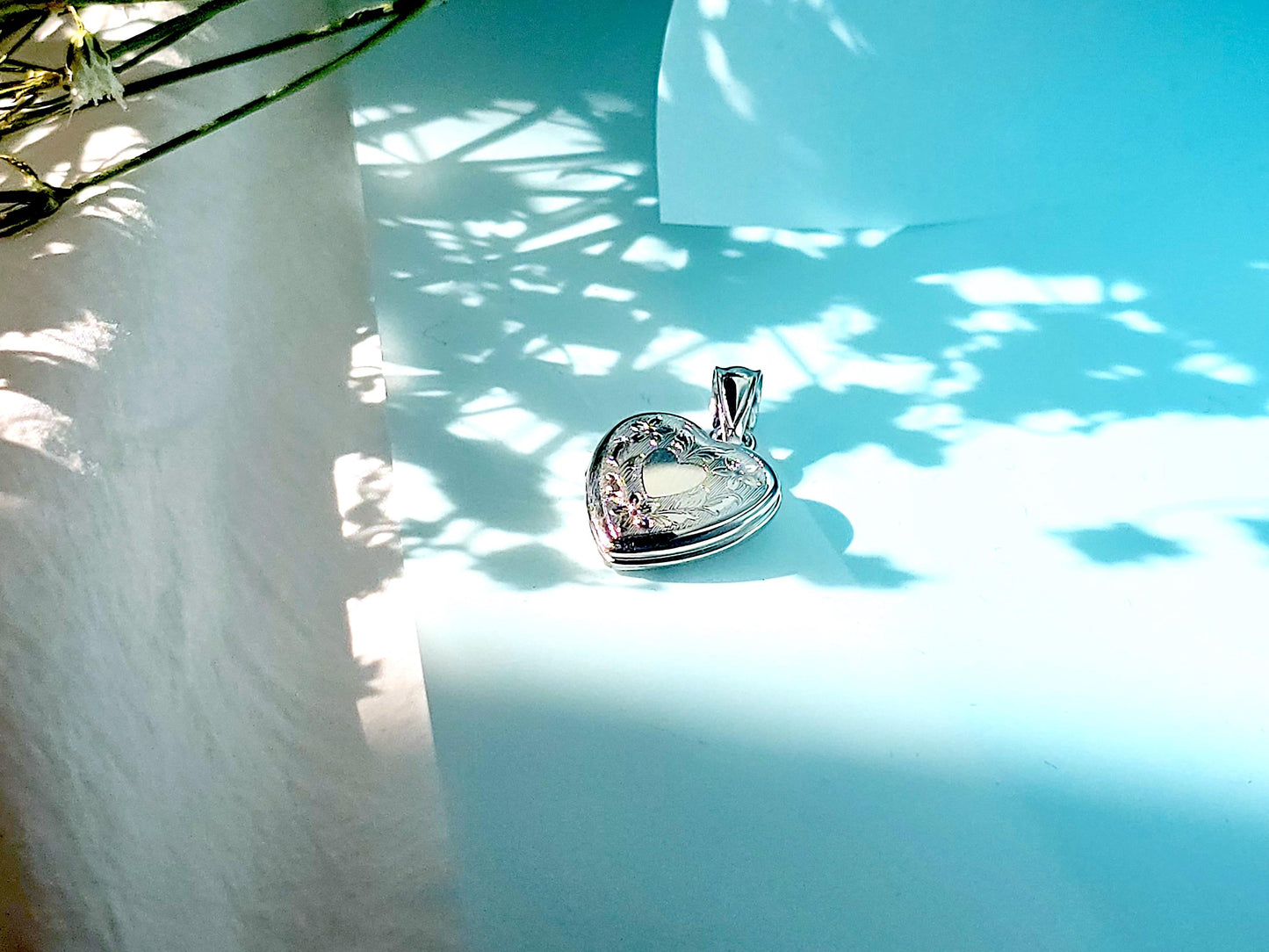 925 Sterling Silver Tiny Dainty Heart Locket Pendant with Floral Pattern Engraving