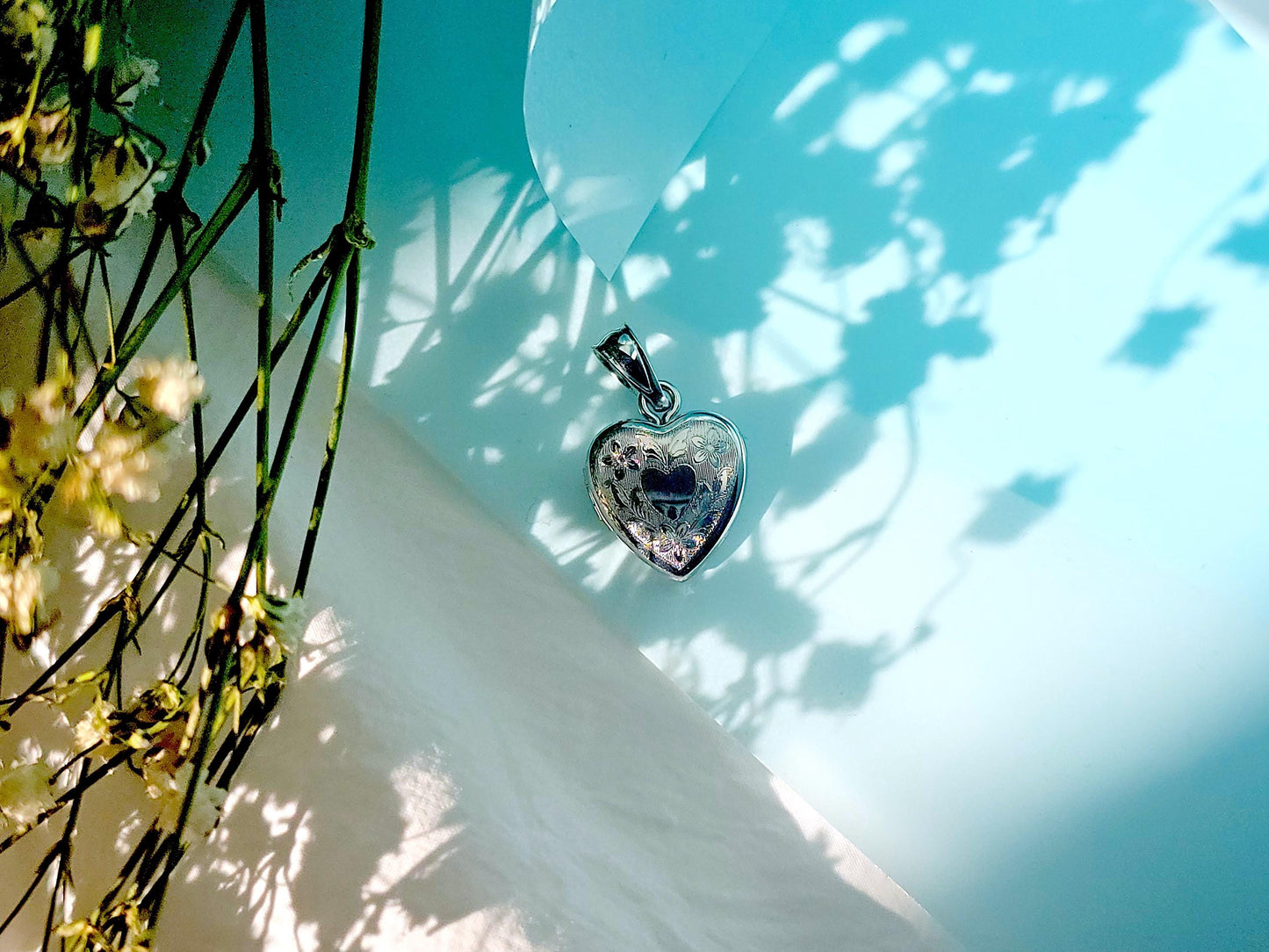 925 Sterling Silver Tiny Dainty Heart Locket Pendant with Floral Pattern Engraving