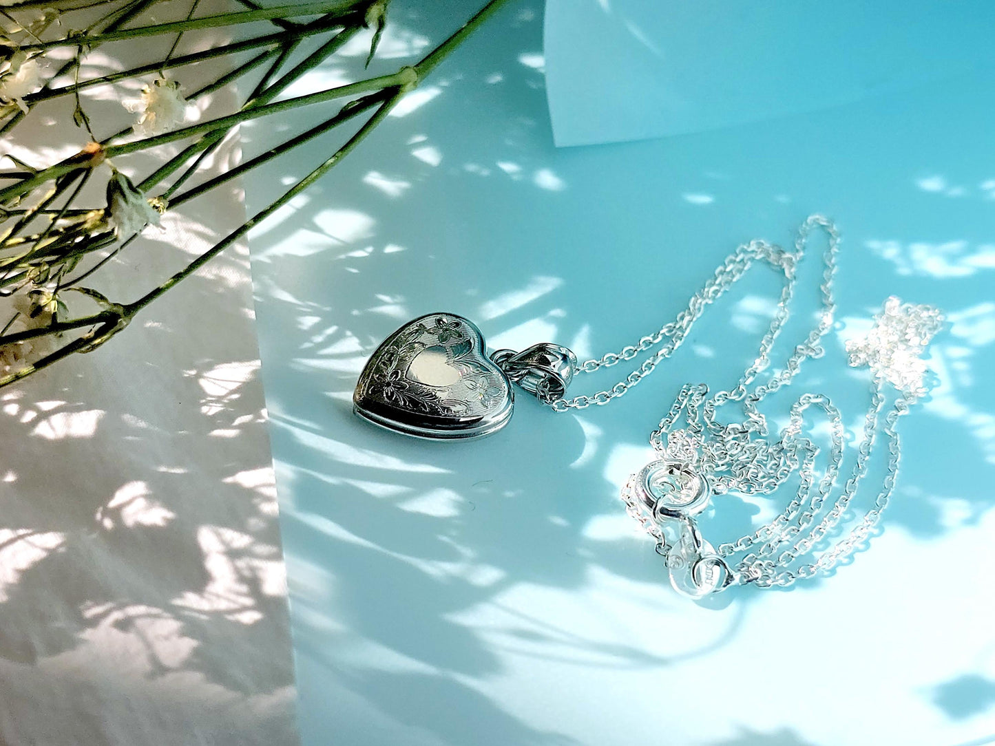 925 Sterling Silver Tiny Dainty Heart Locket Pendant with Floral Pattern Engraving