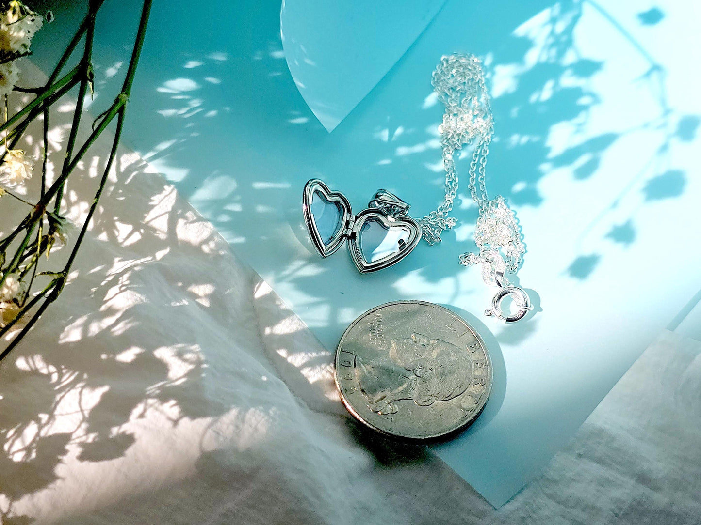 925 Sterling Silver Tiny Dainty Heart Locket Pendant with Floral Pattern Engraving