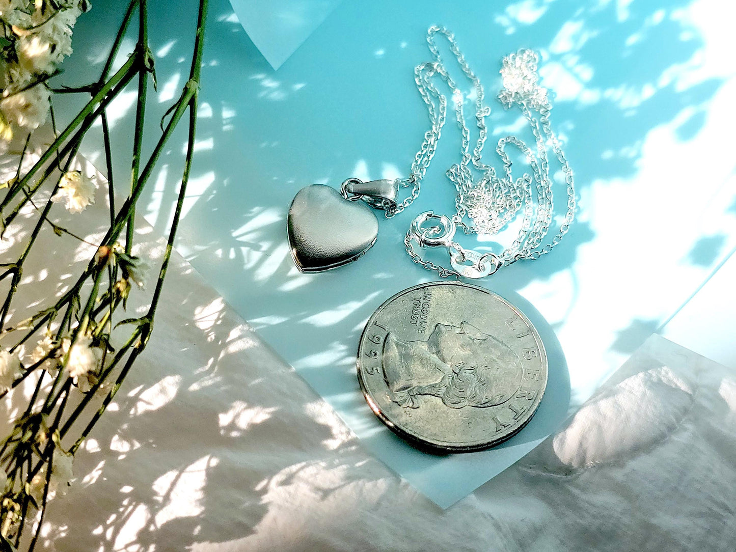 925 Sterling Silver Tiny Dainty Heart Locket Pendant with Floral Pattern Engraving