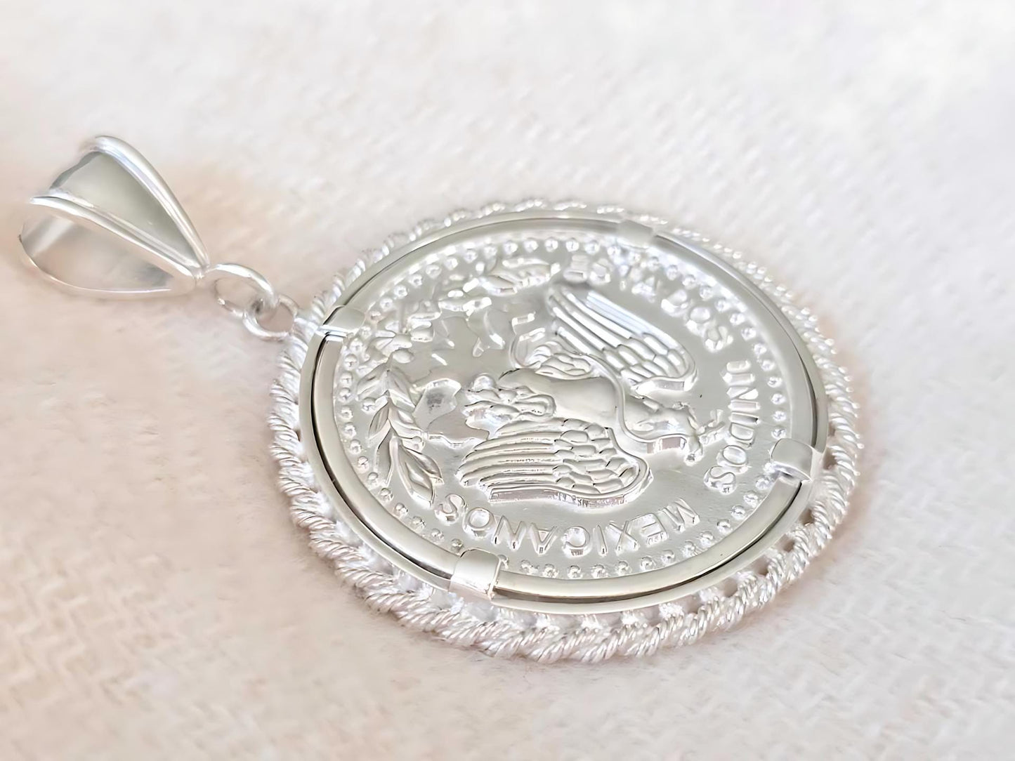 925 Sterling Silver Prong Back Rope Edge Bezel for 37mm Replica 50 Peso Centenario Coin