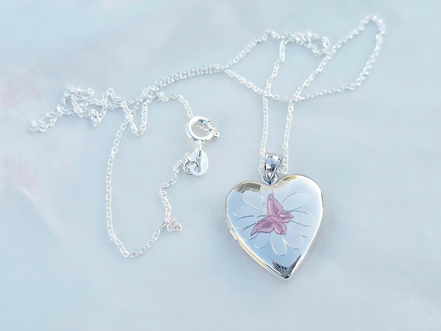 925 Sterling Silver Heart Locket Pendant with Pink Enamel Butterfly on Flower