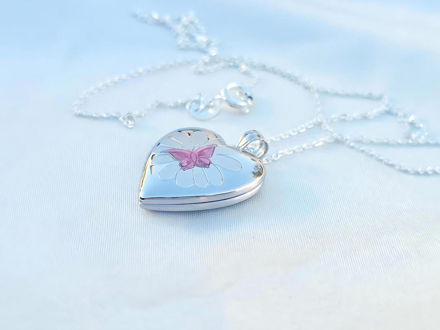 925 Sterling Silver Heart Locket Pendant with Pink Enamel Butterfly on Flower