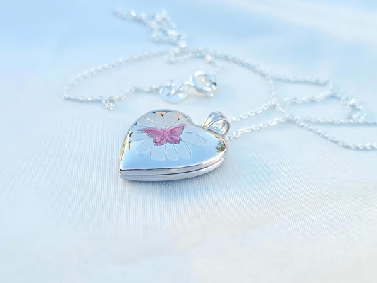 925 Sterling Silver Heart Locket Pendant with Pink Enamel Butterfly on Flower