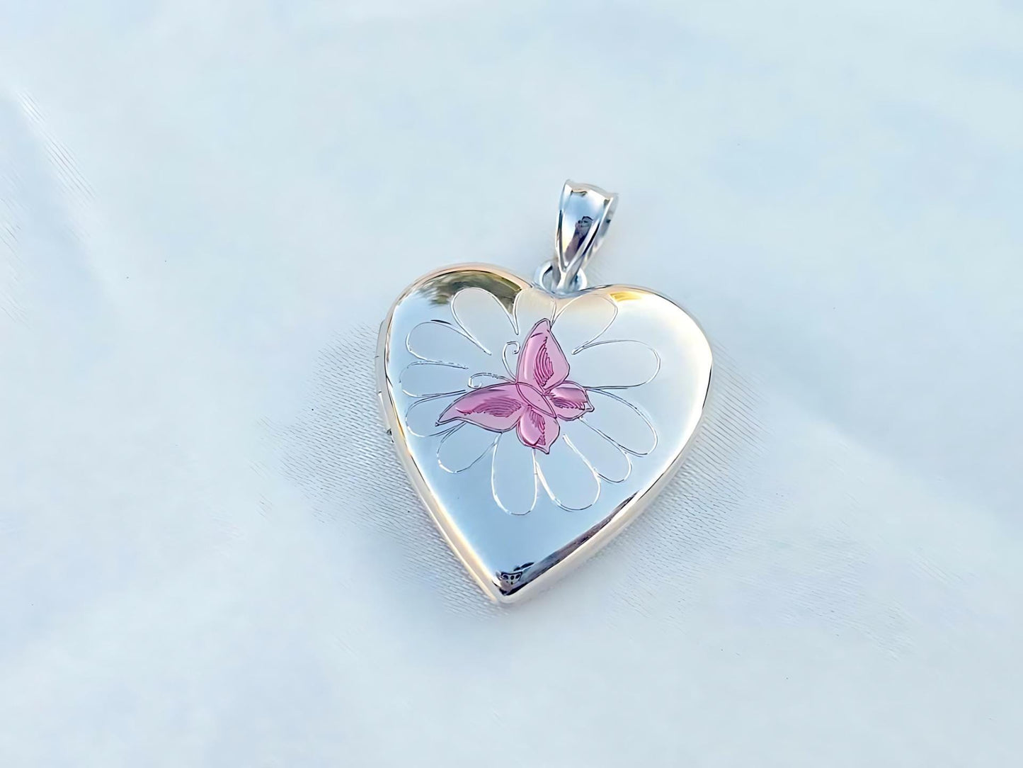 925 Sterling Silver Heart Locket Pendant with Pink Enamel Butterfly on Flower