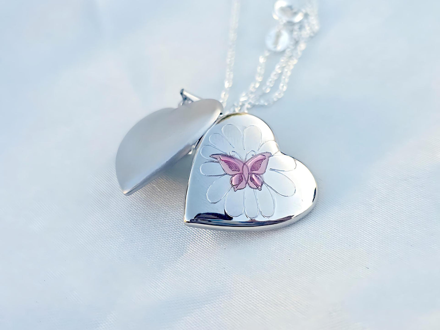 925 Sterling Silver Heart Locket Pendant with Pink Enamel Butterfly on Flower