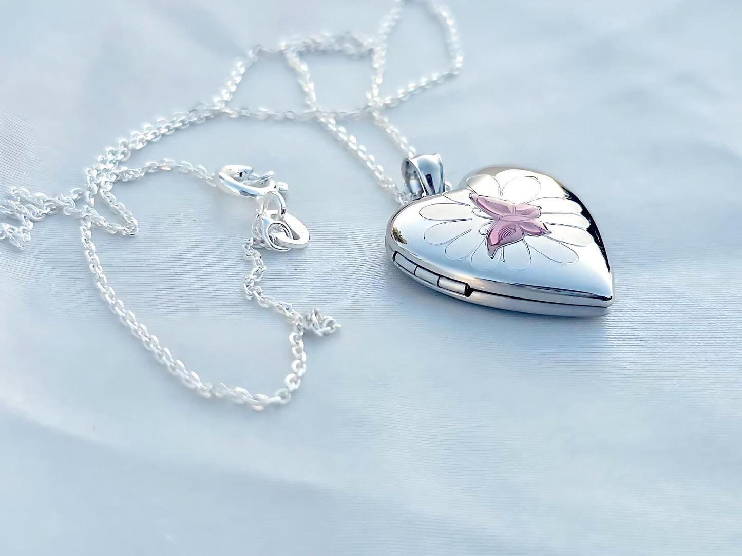 925 Sterling Silver Heart Locket Pendant with Pink Enamel Butterfly on Flower