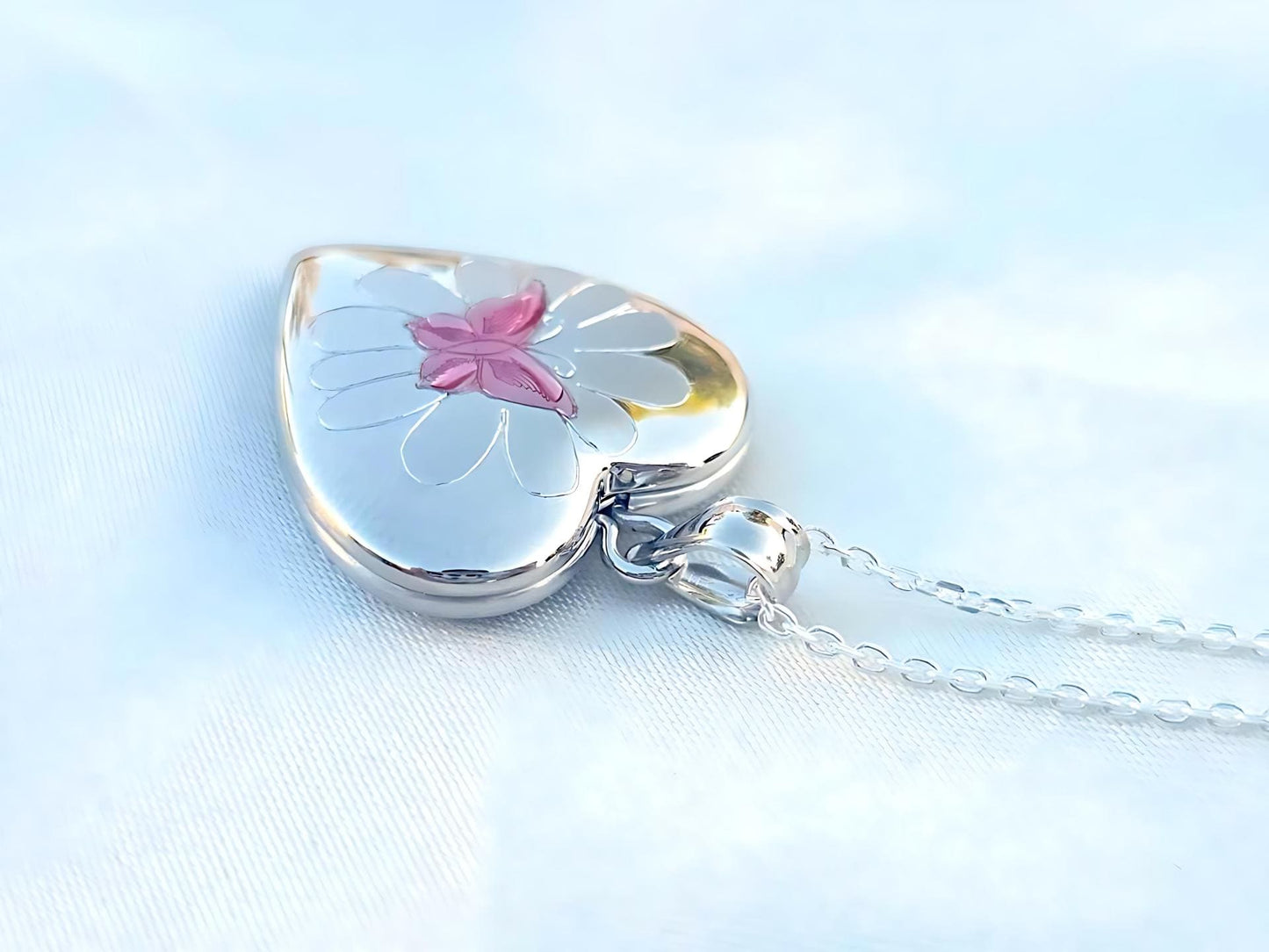 925 Sterling Silver Heart Locket Pendant with Pink Enamel Butterfly on Flower