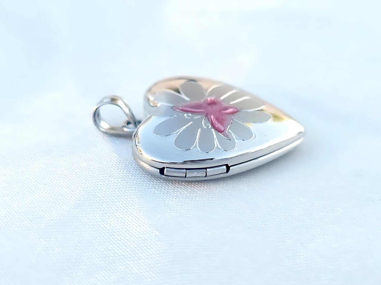 925 Sterling Silver Heart Locket Pendant with Pink Enamel Butterfly on Flower