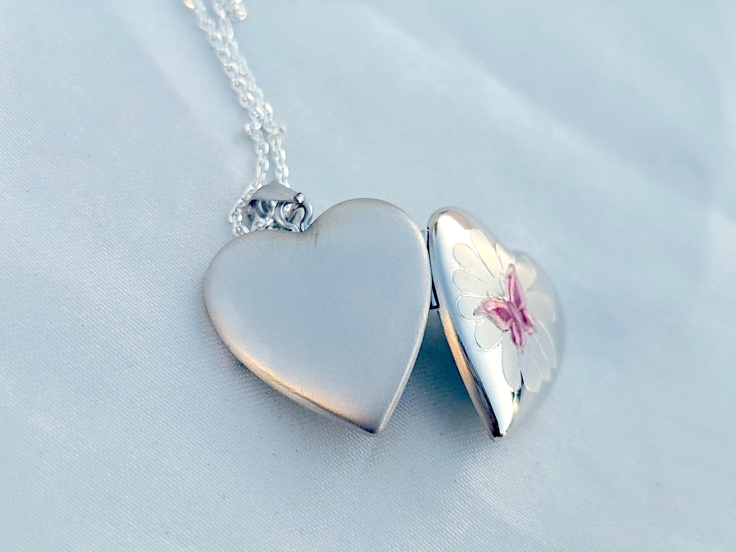 925 Sterling Silver Heart Locket Pendant with Pink Enamel Butterfly on Flower