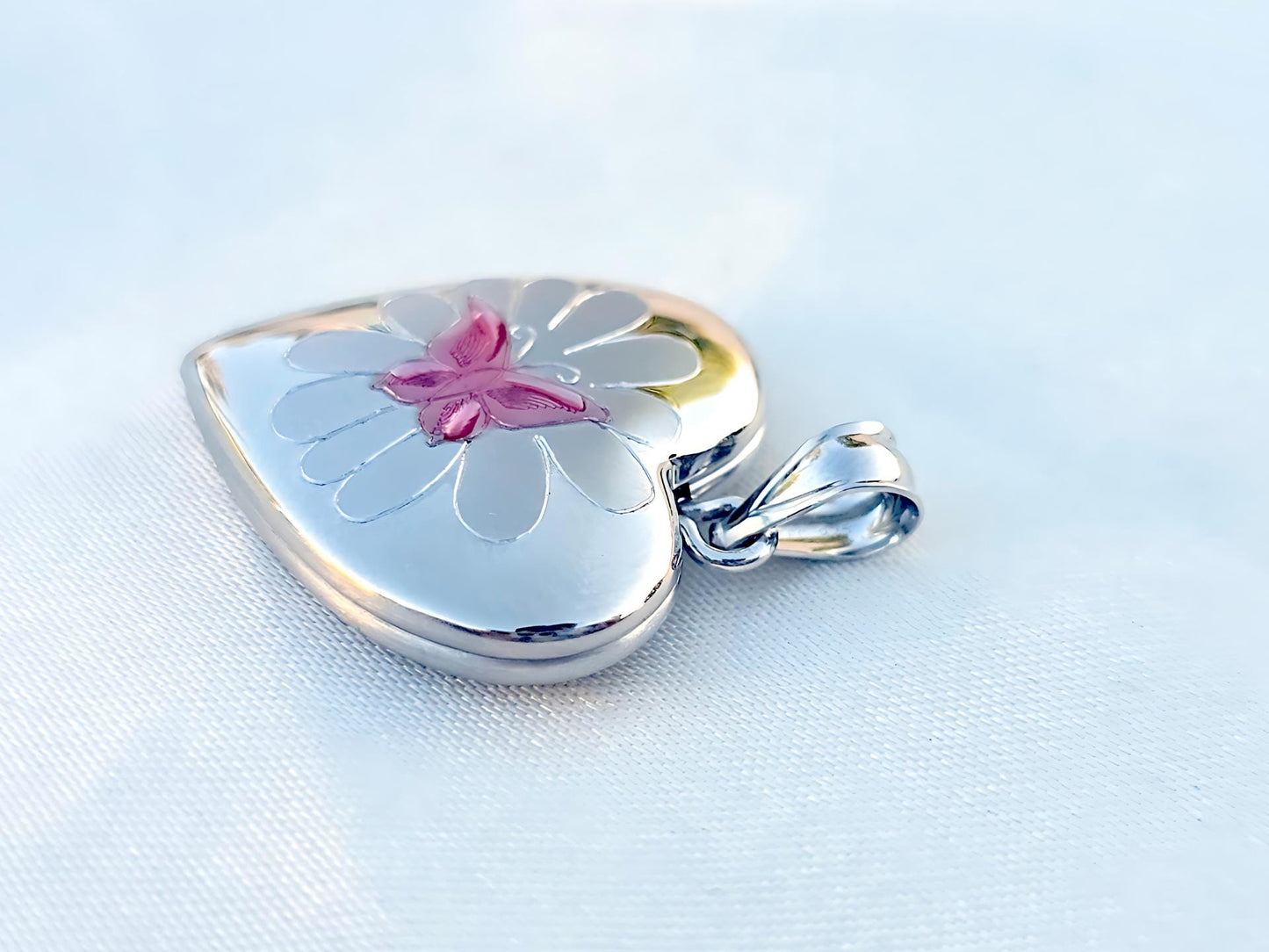 925 Sterling Silver Heart Locket Pendant with Pink Enamel Butterfly on Flower