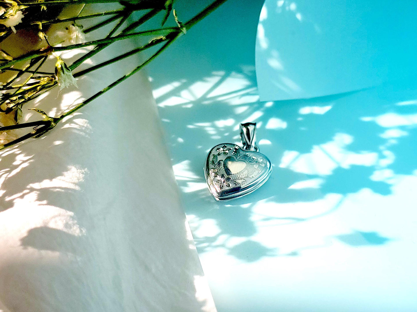 925 Sterling Silver Tiny Dainty Heart Locket Pendant with Floral Pattern Engraving