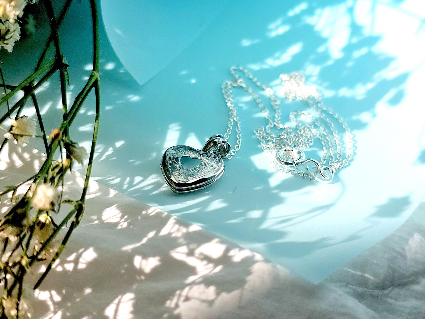 925 Sterling Silver Tiny Dainty Heart Locket Pendant with Floral Pattern Engraving