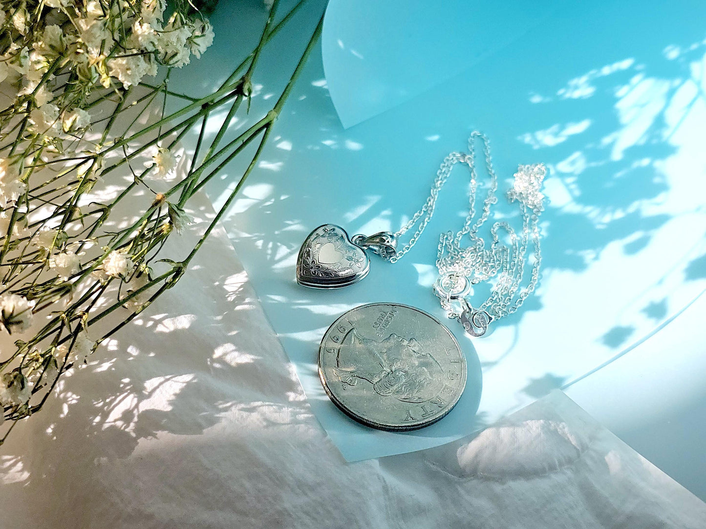 925 Sterling Silver Tiny Dainty Heart Locket Pendant with Floral Pattern Engraving