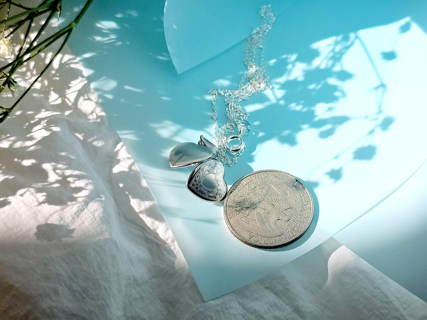 925 Sterling Silver Tiny Dainty Heart Locket Pendant with Floral Pattern Engraving