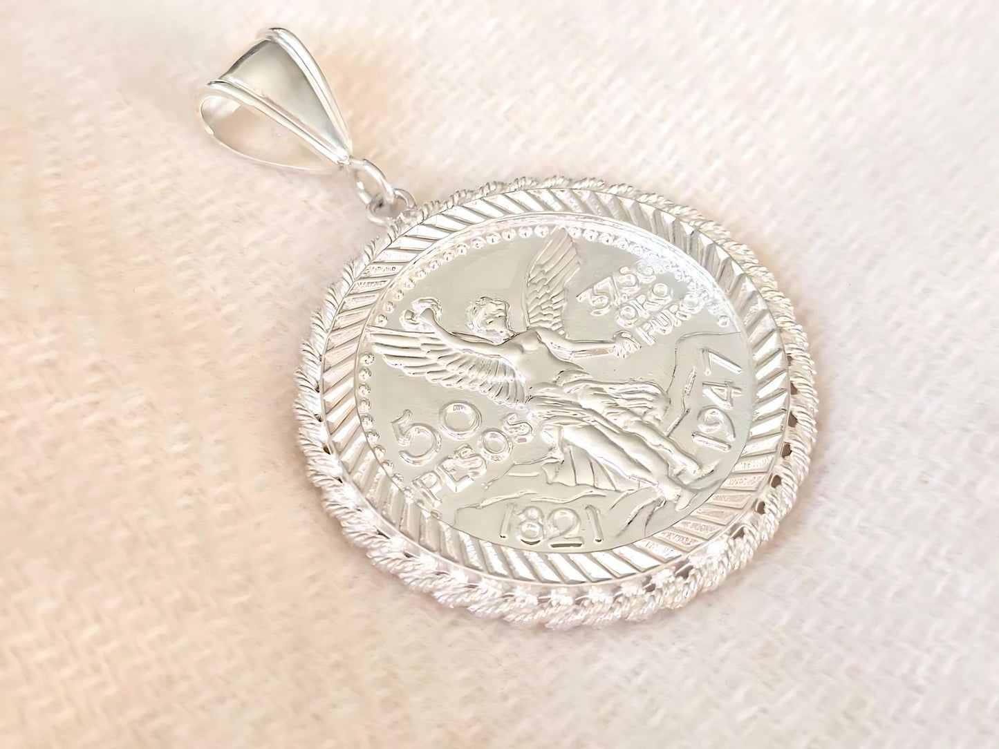925 Sterling Silver Prong Back Rope Edge Bezel for 37mm Replica 50 Peso Centenario Coin